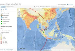 Carte sur les recherches du vol MH370 - Sources : Esri, GEBC ... (via 